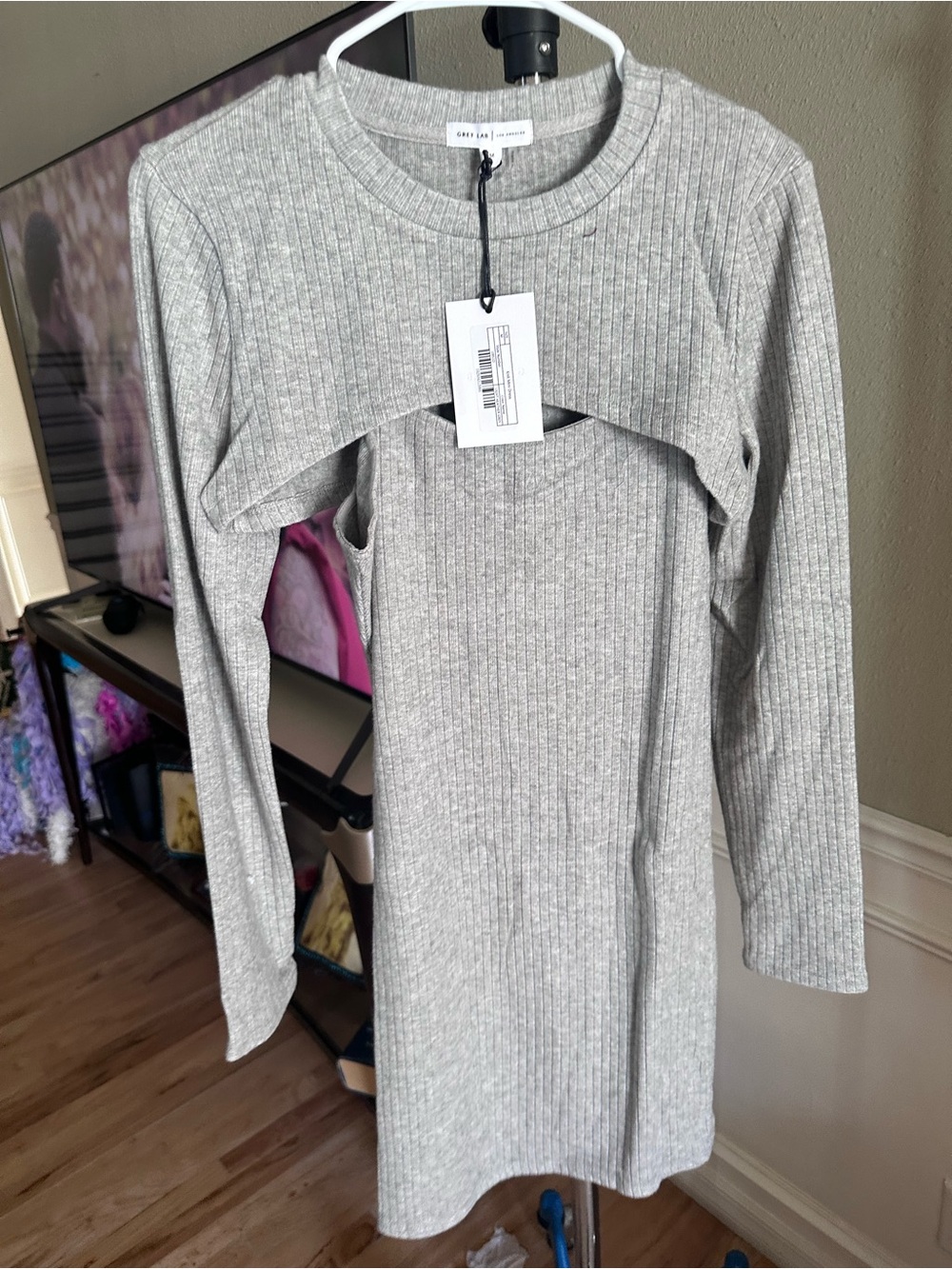 GREY LAB Ribbed Gray Long Sleeve Cutout Dress